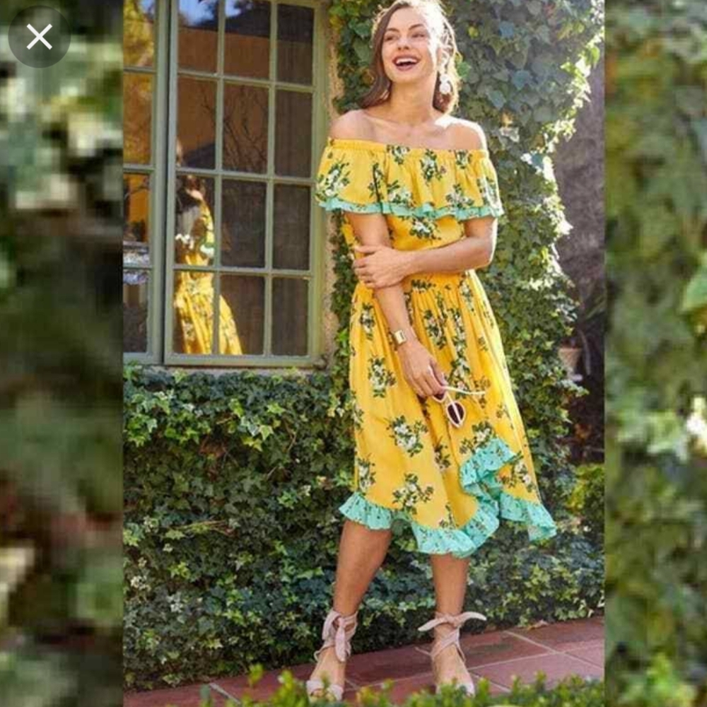 Matilda Jane Yellow Floral Off-Shoulder Asymmetrical Dress with Teal Trim